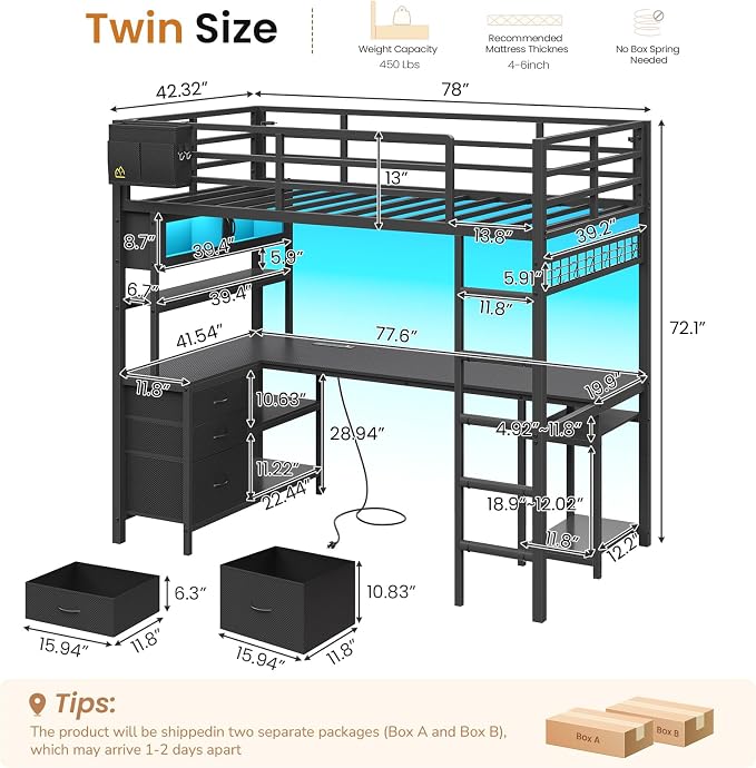 DICTAC Twin Loft Bed with L-Shaped Gaming Desk,Led Lights and Charging Station,Gaming Loft Bed Twin Size with Bookshelf and Glass Cabinet,Metal Loft Beds for Teen with Safety Guardrail and Stair,Black