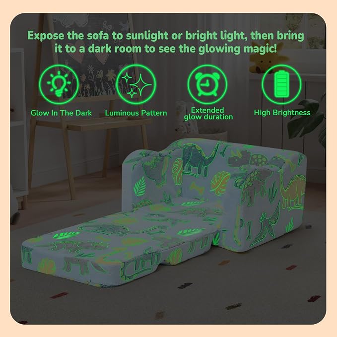 MeMoreCool Kids Couch, Glow Dark Rainbow Star Fold Out Sofa, Pastel Tie Dye
