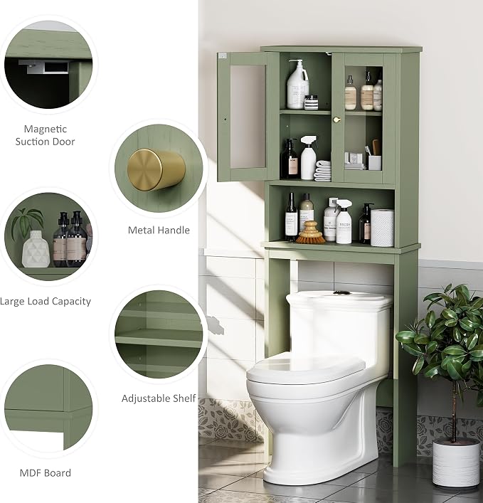 Over the Toilet Storage Cabinet for Bathroom, Storage Organizer Over Toilet, Space Saver with Tempered Glass Doors, Green