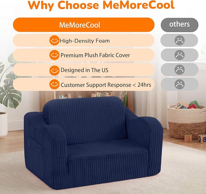MeMoreCool Kids Couch, 2-in-1 Corduroy Foldable Sofa Chair, Navy Blue