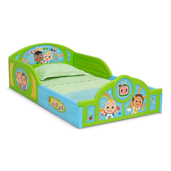 Delta Children - CoComelon 4-Piece Toddler Room-in-a-Box Set – Includes Sleep and Play Toddler Bed, Table, 1 Chair and Fabric Toy Box, Green