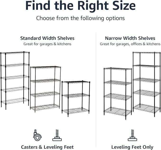 Amazon Basics 4-Shelf Steel Wire Storage Shelves for Garage, Adjustable Metal Shelving Unit, 200 lbs Per Shelf, 23.2" W x 48" H x 13.4" D, Black
