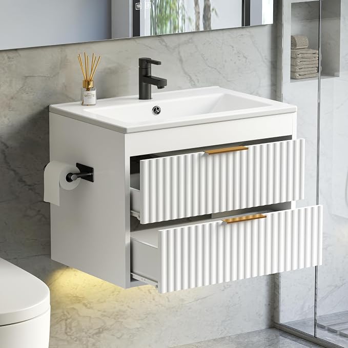 24 Inch Floating Bathroom Vanity with Sink & Towel Holder, Fluted Wall Mounted Vanity Cabinet for Small Bathroom, Modern Combo with LED Light, Metal Handle & Soft-Closing Drawers, White