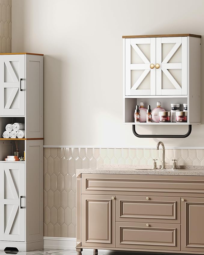 CHOEZON Bathroom Wall Cabinet, Medicine Cabinet with Open Partition and Towel Bar, Rustic Storage Cabinet with Open and Hidden Storage Space, for Bathroom, Living Room, Kitchen, White and Walnut