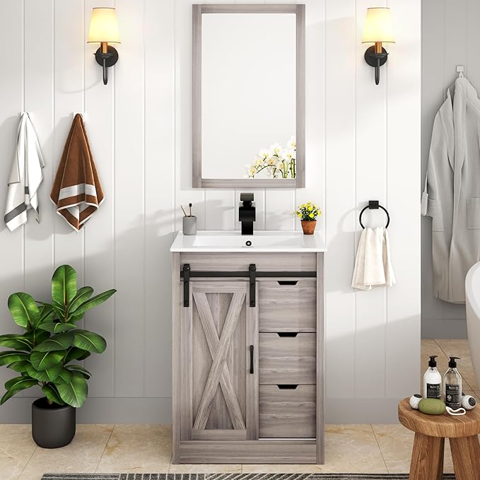 chartustriable 24 Inch Bathroom Vanity with Sink & Faucet & Mirror, Farmhouse Bathroom Vanity Cabinet Set with Sliding Barn Door & Drawers, Small Single Bath Storage Vanity Sink, Grey