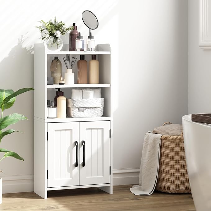 Small Bathroom Storage Cabinet with 2 Doors & Shelf, Line White | Narrow Storage Organizer, Toilet Paper Floor Cabinets Freestanding, for Small Spaces, Laundry Room, 7.8" D x 14.6" W x 31" H