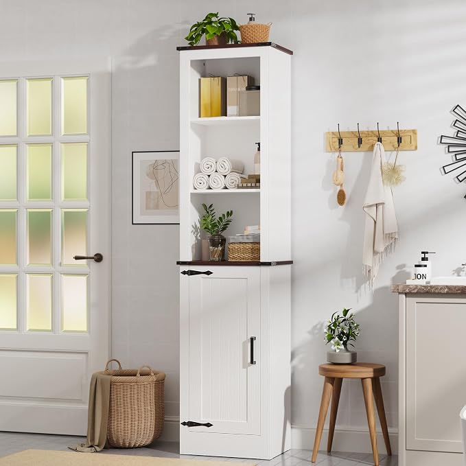 MHOM 71" Tall Bathroom Storage Cabinet, Farmhouse Storage Cabinet with Adjustable Shelves, Narrow Linen Tower Cabinet for Bathroom, Laundry, and, Living Room, White