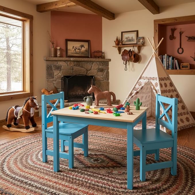 PETIT BATEAU Solid Wood Kids Table & 2 Chairs Set,Ages 2-8,Bluecolor