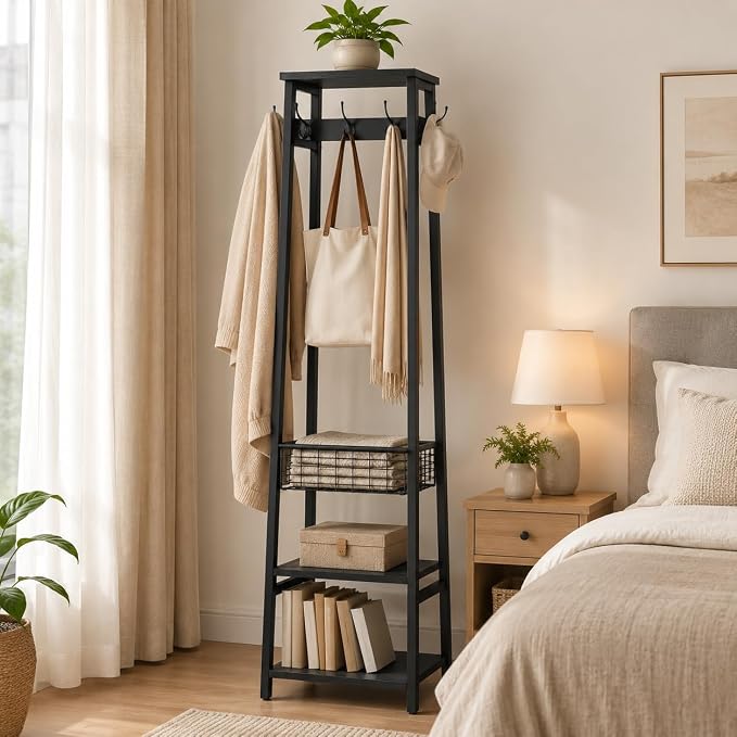 Coat Rack with Metal Basket and Storage Shelves