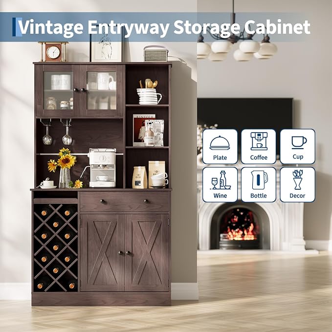 Garvee Coffee Bar Cabinet with Power Outlet & Exquisite Barn Doors, Sideboard Buffet Cabinet with Wine Bottle Rack, Storage Cabinet for Kitchen, Dining Room