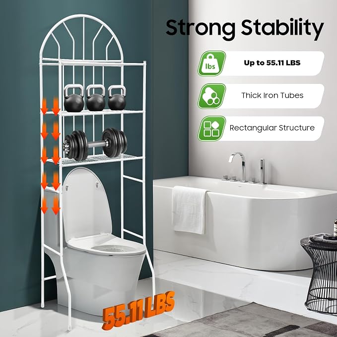 3-Tier Over The Toilet Storage Rack, Space Saver Metal Bathroom Shelves, Freestanding Over Toilet Bathroom Organizer for Bathroom/Living Room (White)