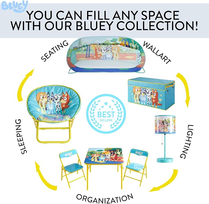 Bluey Kids Table and Chair Set, 3 Piece Folding Activity Set with Square Table & 2 Chairs,Furniture for Playroom, Crafting, Ages 3+