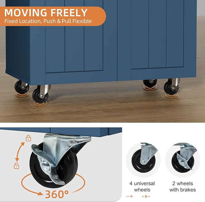 Shintenchi Kitchen Island cart with Storage, Portable Bar Cabinet on Wheels, Rolling Microwave Cart Side Table with Workstation for Kitchen, Dinning Room, Blue