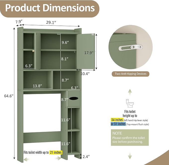 Over The Toilet Storage Cabinet, 64.6" Tall Bathroom Organizer Space Saver with Toilet Paper Holder & Adjustable Shelf, Freestanding Wood Cabinet for Small Space, Green
