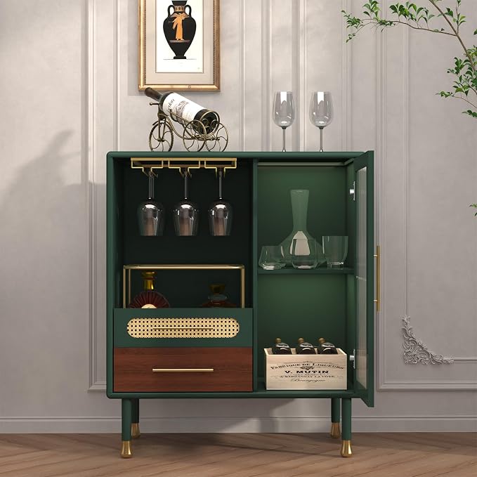 ARTPOWER Modern Coffee Bar Cabinet with Pull-Out Wine Storage, Green