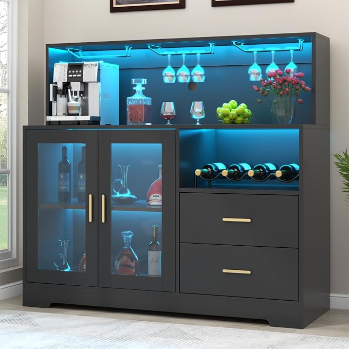 Bar Cabinet for Home with LED Light,Coffee Bar Cabinet w/ Wine & Glass Rack