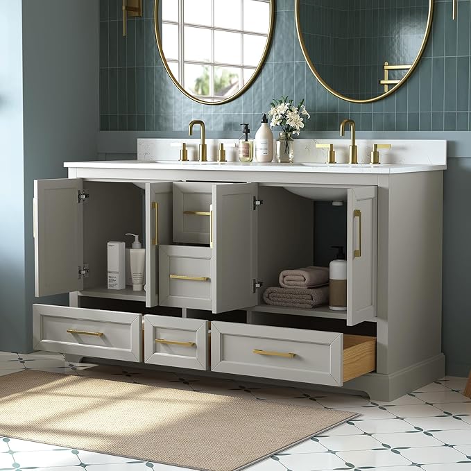 60 Inch Bathroom Vanity with Double Sink Combo, Greige | Solid Wood Frame with Marble Top & Backsplash, Fully-Assembled with 4 Soft-Closing Doors & 5 Dovetail Drawers