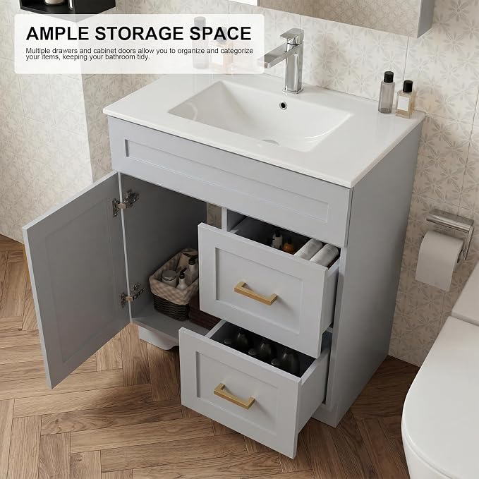 30 Inch Bathroom Vanity with Sink, Modern Shaker Bathroom Sink Cabinet with Soft-Close Door & 2 Drawers, Wood Freestanding Bathroom Storage Cabinet with Ceramic Basin, Grey