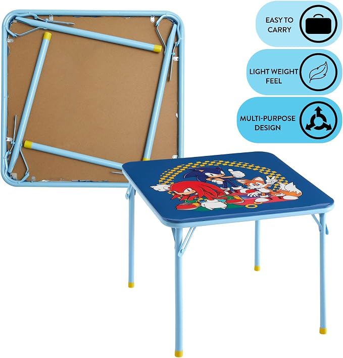 Sega Sonic The Hedgehog Kids Table and Chair Set, 3-Piece Square Table with 2 Folding Chairs for Playroom & Activities