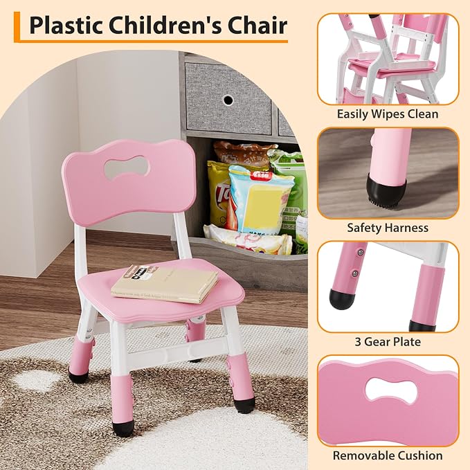 2-Pack Adjustable Kids Chairs, 3-Level Height Plastic Toddler Chair with Non-Slip Base & Stackable Design, for Home School Classroom Daycare Indoor Outdoor Use, Ages 2-8,Pink