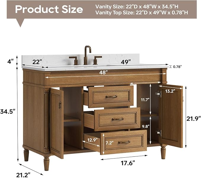 48 Inch Bathroom Vanity with Sink Combo, Light Walnut | Classic Cabinet with Countertop & Backsplash, Solid Wood Frame with Soft Closing Doors & 3 Dovetail Drawers, Ceramic Sink