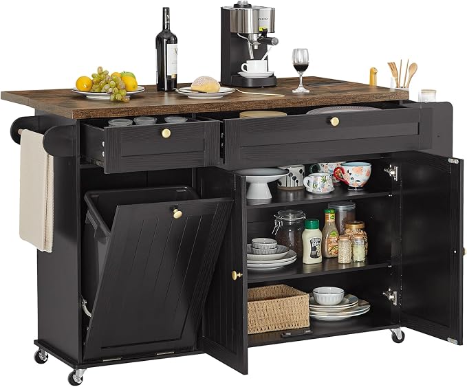 ONBRILL 60" Kitchen Island with Trash Can Storage, Black+Rustic Brown