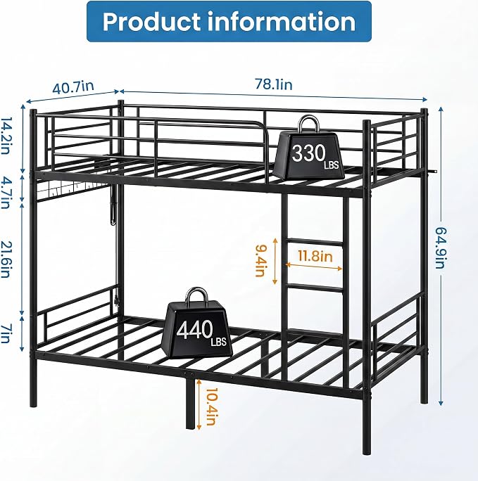 Bunk Bed,Bunk Bed Twin Over Twin with Power Outlet and LED Lights,Black