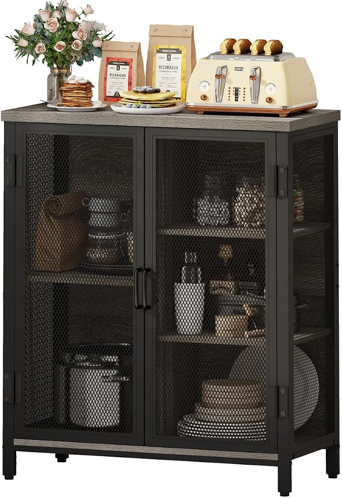 BON AUGURE Small Coffee Bar Cabinet with Storage, Farmhouse Liquor Cabinet for Home Coffee Station, Wood Sideboard Buffet with Doors for Kitchen, Dining Room, Living Room, Dark Grey Oak