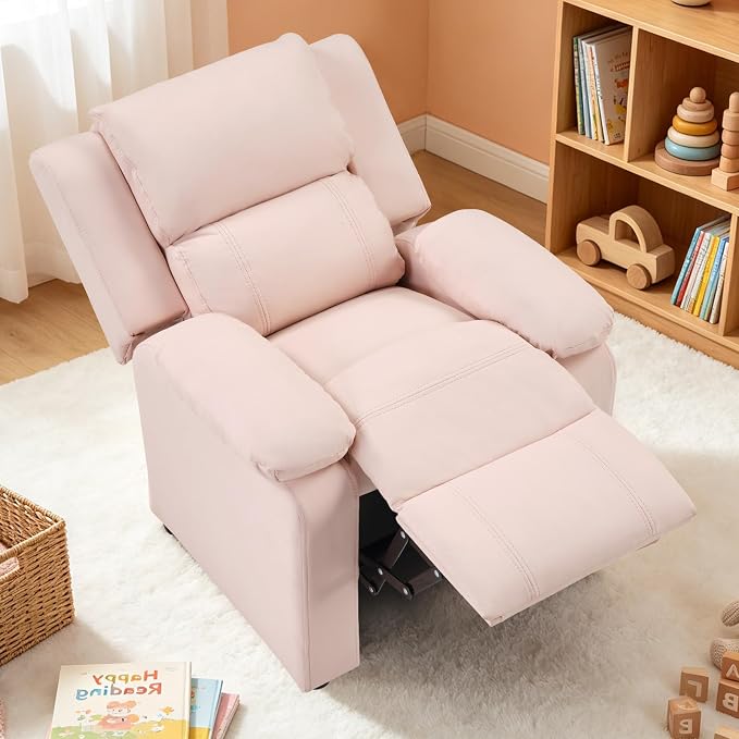 CANMOV Kids Push Back Recliner Chair, Pink Faux Leather Toddler Sofa.