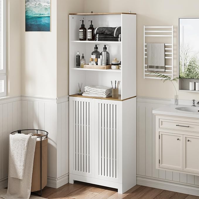 Bathroom Storage Cabinet - 67" Freestanding Tall Cabinet with Slatted Doors and Open Shelves, Adjustable Shelves, White Bathroom Organizer for Small Spaces, Bathroom Linen Tower with Closed Storage