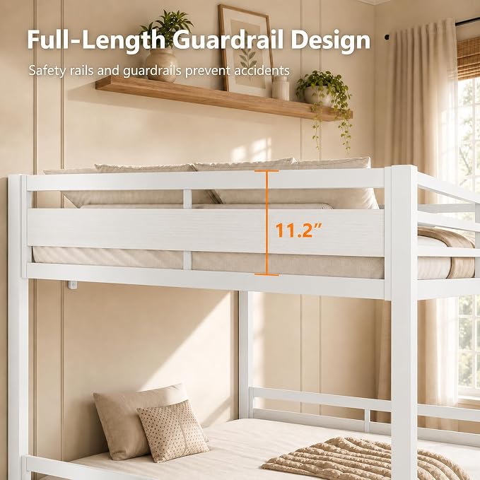 Feonase Metal Bunk Bed Full Over Full with Ladder and High Guardrail, Heavy-Duty Metal Slats Support, Noise Free, No Box Spring Needed, for Kids and Juniors, White