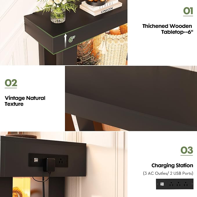 Unikito 39" Entry Table with Sensor Light and Power Outlets, Black