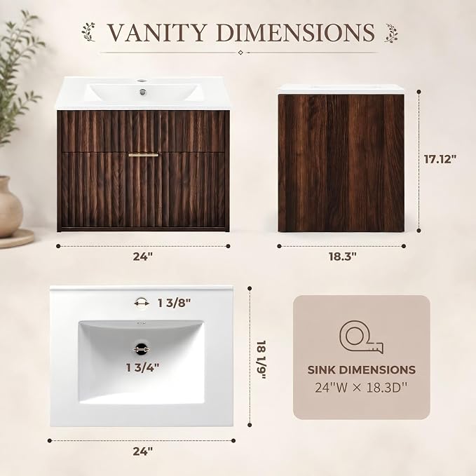 VINGLI 24 Inch Floating Bathroom Vanity with Sink, Wall-Mounted Dark Walnut Cabinet with Fluted Drawer, Divided Storage, Gold-Tone Handle and Ceramic Sink