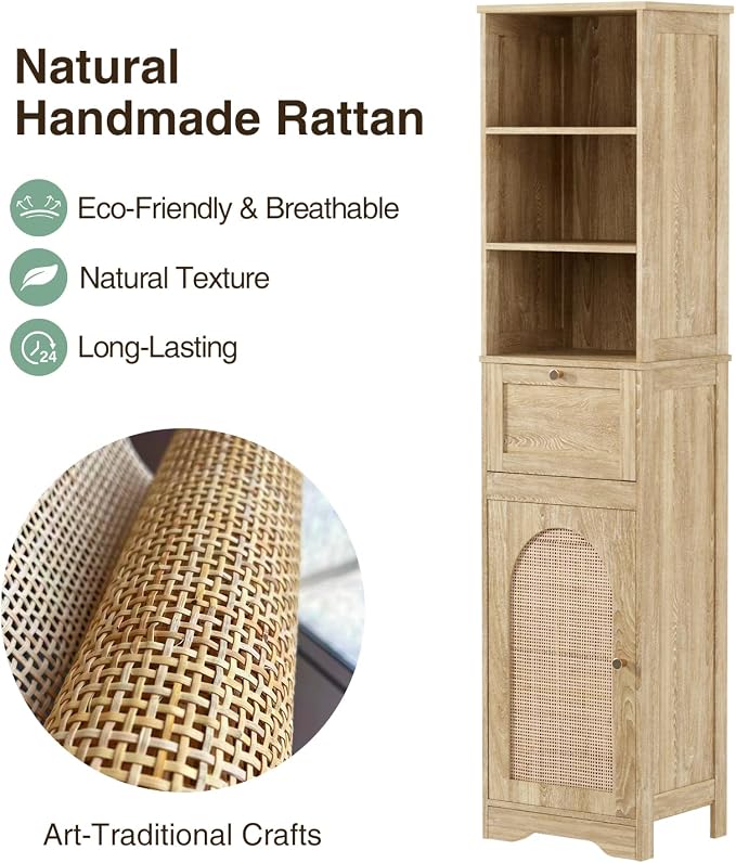 Tall Narrow Rattan Bathroom Storage Cabinet with Doors and Drawers, Natural | Freestanding Skinny Tower Linen Cabinet, Rattan Door, Rattan Drawer, Adjustable Shelves, Open Storage, for Kitchen, Bathroom