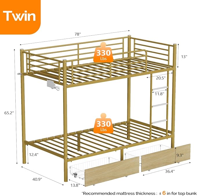 Bonnlo Metal Bunk Bed Frame Twin Over Twin with 2 Drawers, LED Lights, Safety Guardrail & Ladder, Charging Station, for Kids, Teens & Adults, Space-Saving, No Box Spring Needed, Gold