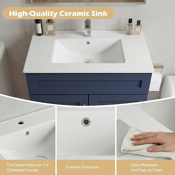 30 Inch Bathroom Vanity with Sink, Modern Shaker Bathroom Sink Cabinet with Soft-Close Door & 2 Drawers, Wood Freestanding Bathroom Storage Cabinet with Ceramic Basin, Navy Blue