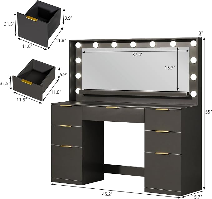HUAHUU Vanity Desk with Mirror and Lights, 45.3in Makeup Vanity with 7 Drawers & Large Mirror, with 3-Color Adjustable Lighting & Power Outlet, Black Vanity Desk for Bedroom