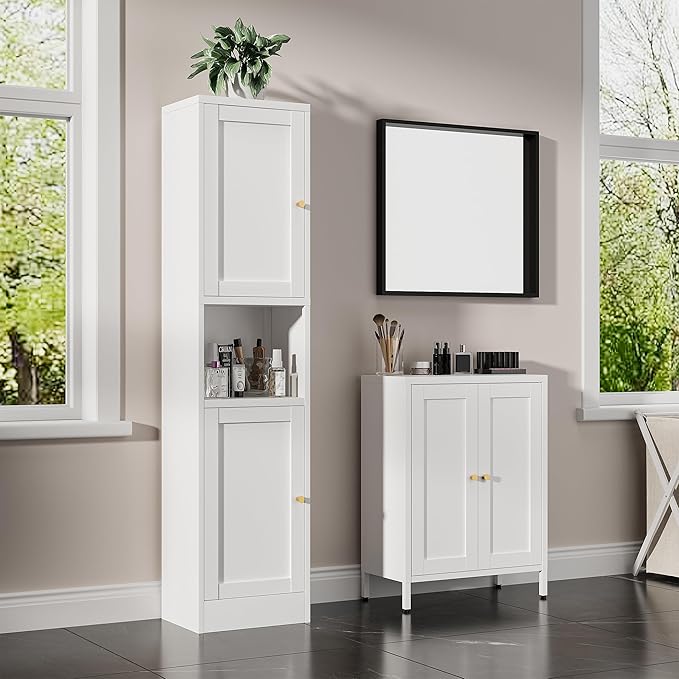 Bevivog Tall Slim Pantry Cabinet for Small Space, 67" Metal Narrow Storage Cabinets with Hutch and 3 Adjustable Shelves, Freestanding Tall Slim Bathroom Storage Cabinet, 15.7" Skinny Pantry Cabinets
