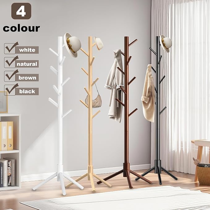 Aliphon Wooden Coat Rack Stand, Freestanding Coat Rack with 8 Hooks, 3 Adjustable Size Coat Tree for Hats, Coats, Scarves bags, Coat Hanger Stand Used in Bedroom/Office/Entryway (Natural)