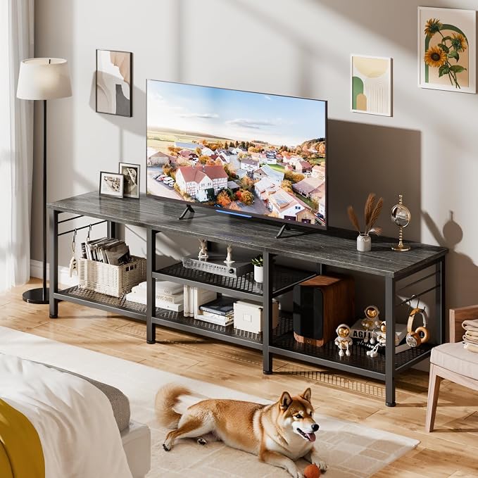 Furologee 63 Inch TV Stand, Entertainment Center with Shelves, Black Oak