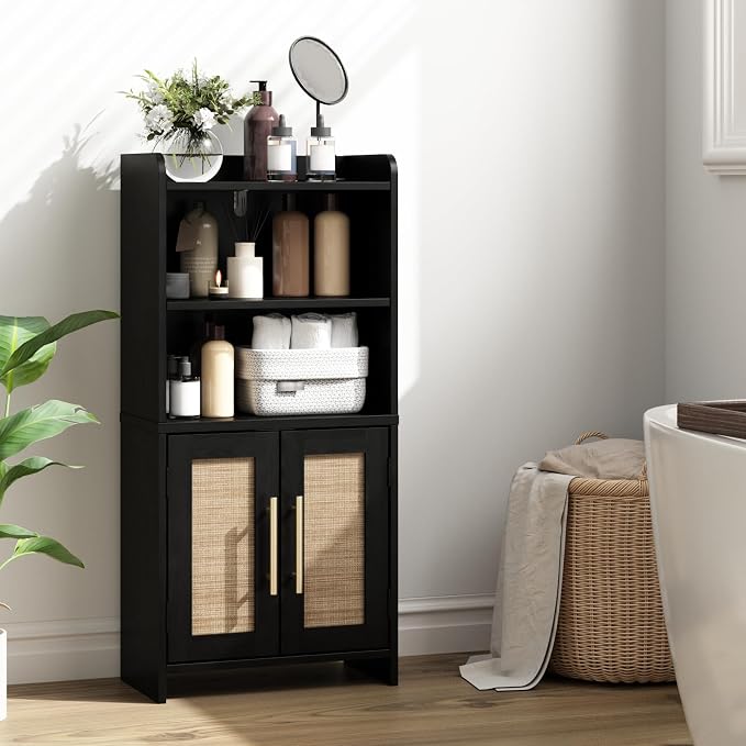 Small Bathroom Storage Cabinet with 2 Doors & Shelf,Rattan Black | Narrow Storage Organizer, Toilet Paper Floor Cabinets Freestanding, for Small Spaces, Laundry Room, 7.8" D x 14.6" W x 31" H