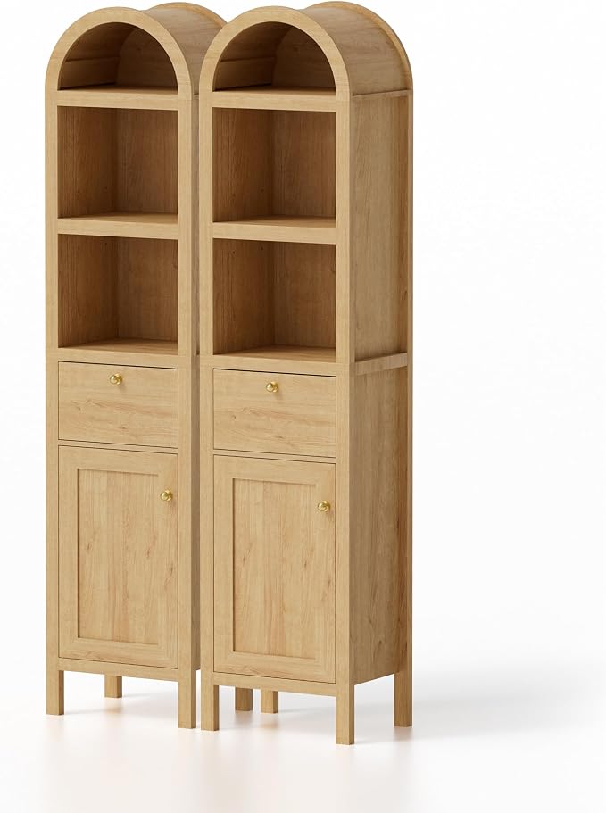 EYYTHUNG 67" Tall Arched Bathroom Narrow Storage Cabinets Set of 2 with Adjustable Shelf, Farmhouse Freestanding Tower Cabinet with Door and Drawer for Kitchen, Living Room, Natural Oak