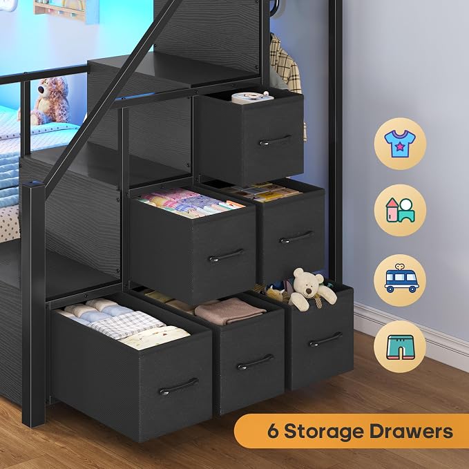 BTHFST Bunk Bed Twin Over Twin with Stairs, Storage Drawers and LED Lights