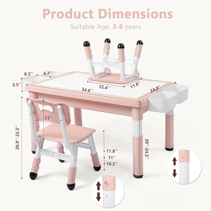 Kinder King Kids Table & 2 Chairs Set, Adjustable Heights, Storage, Pink