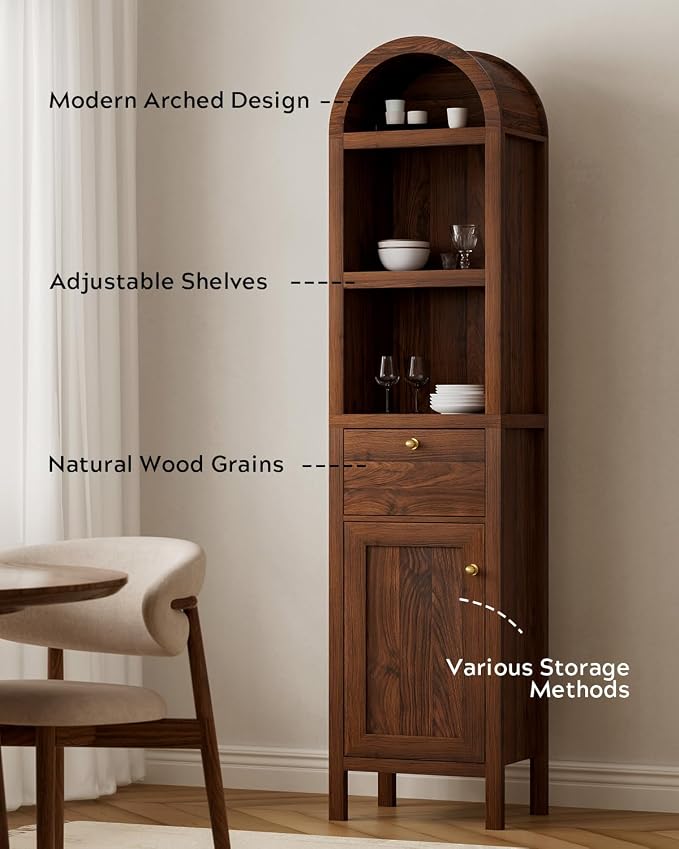 EYYTHUNG 67" Tall Arched Bathroom Narrow Storage Cabinets Set of 2 with Adjustable Shelf, Farmhouse Freestanding Tower Cabinet with Door and Drawer for Kitchen, Living Room, Brown