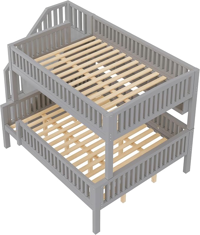 LUMISOL Full XL Over Queen Bunk Bed with Stairs, Solid Wood Bunk Bed Frame with LED Light and Bookshelf, Gray