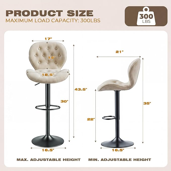 GRUSIGN Bar Stools Set of 4, Modern Swivel Adjustable Bar Chairs, Chenille Fabric Upholstered Counter Height Bar Stools with Backrest, Comfort Barstools for Kitchen Island, Home Bar, Khaki