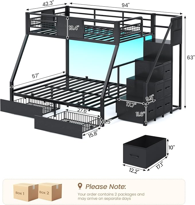 BTHFST Bunk Bed Twin Over Full with Stairs, Storage Drawers and LED Lights