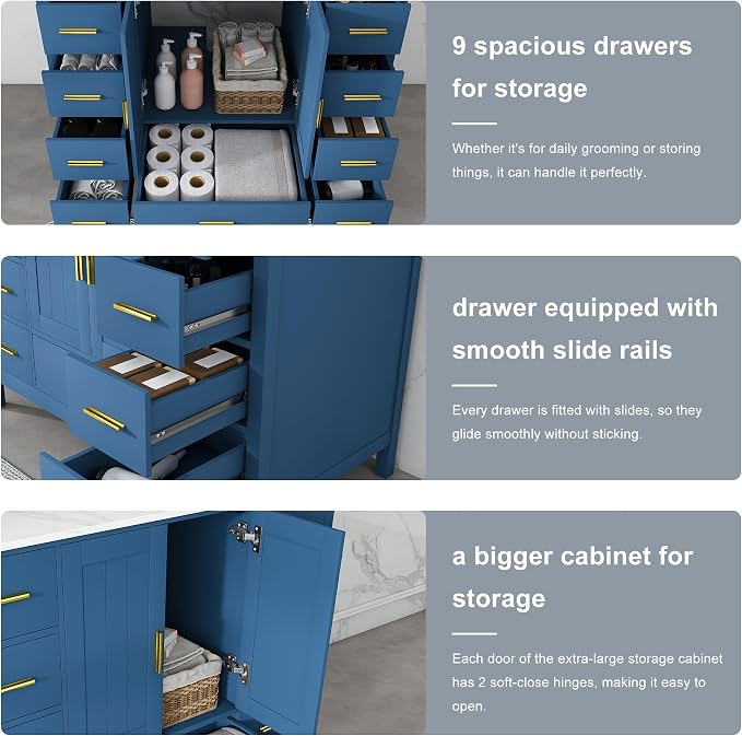 Montary 42" Modern Bathroom Vanity Base Cabinet, Solid Wood Construction | Soft-Close Double Doors & 9 Full-Extension Drawers(Basin & Top Not Included),Blue