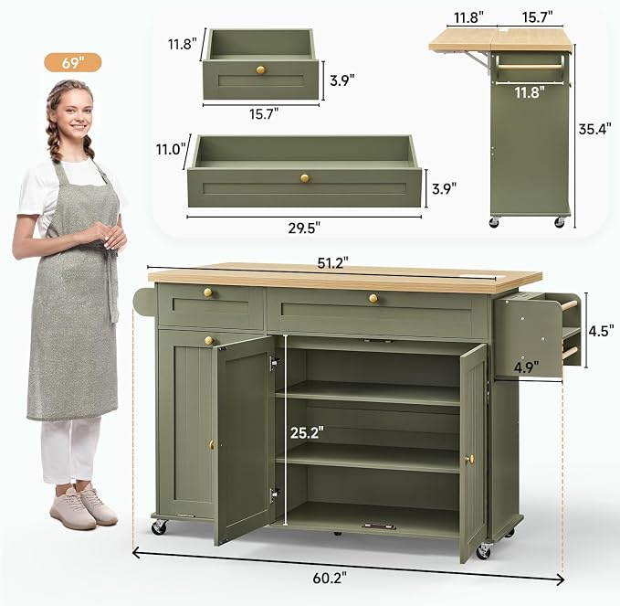 ONBRILL 60" Kitchen Island with Trash Can Storage, Green